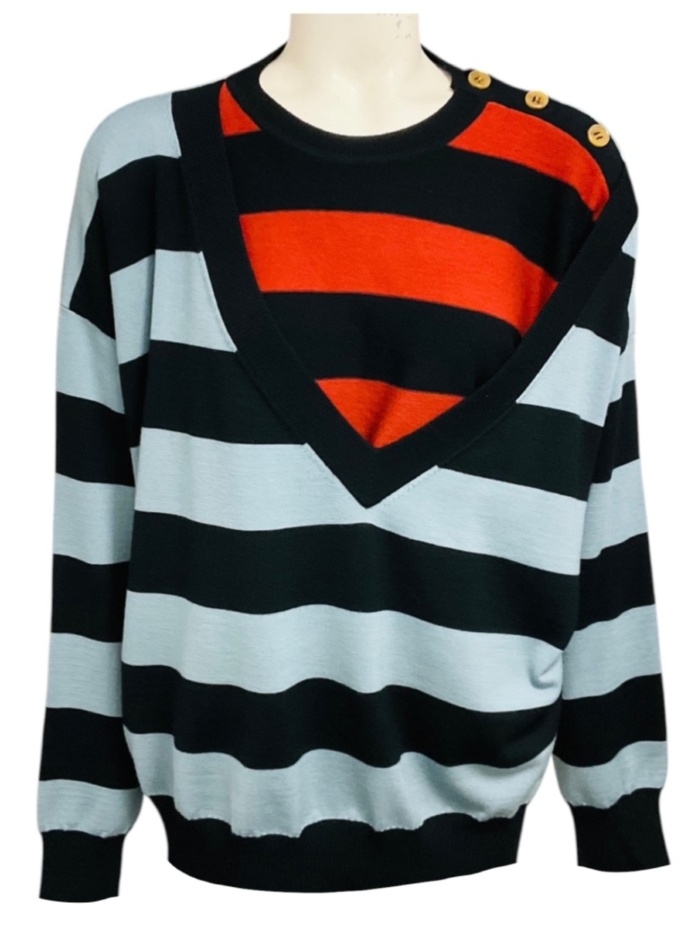 Sonia Rykiel Light Blue / Black Multi Striped Layered Asymmetric Wool Knit Swea